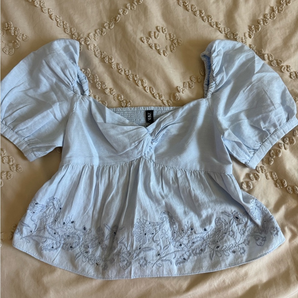 Zara Light Blue Puff Sleeve Blouse
